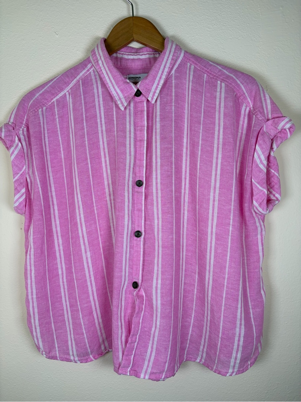 Sonoma Goods for Life PM Pink White Striped Linen Button Front Shirt